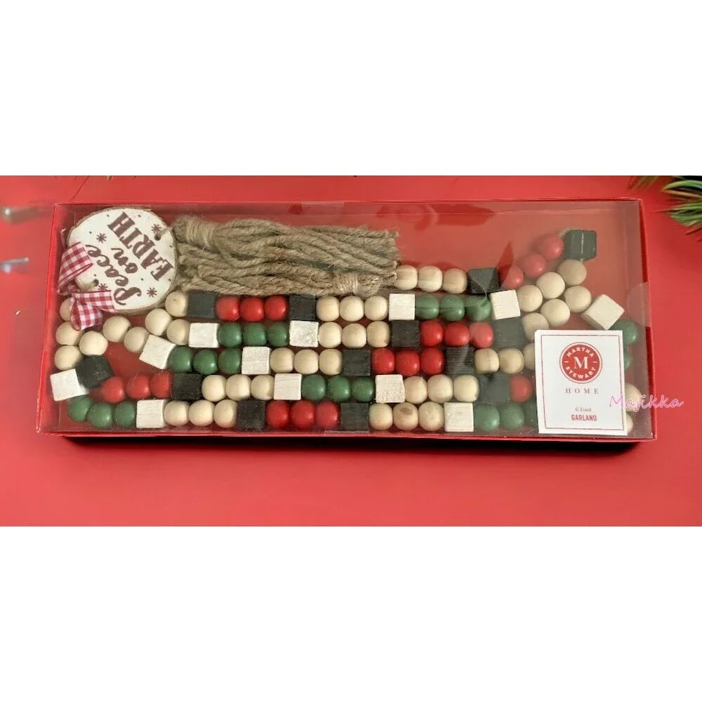 Martha Stewart Christmas Garland Wooden Beads Jute Tassels 6 Foot Peace On Earth